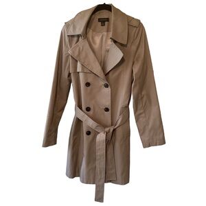Halogen Double-Breasted Trench Coat M Tan Removable Hood Normcore Transitional